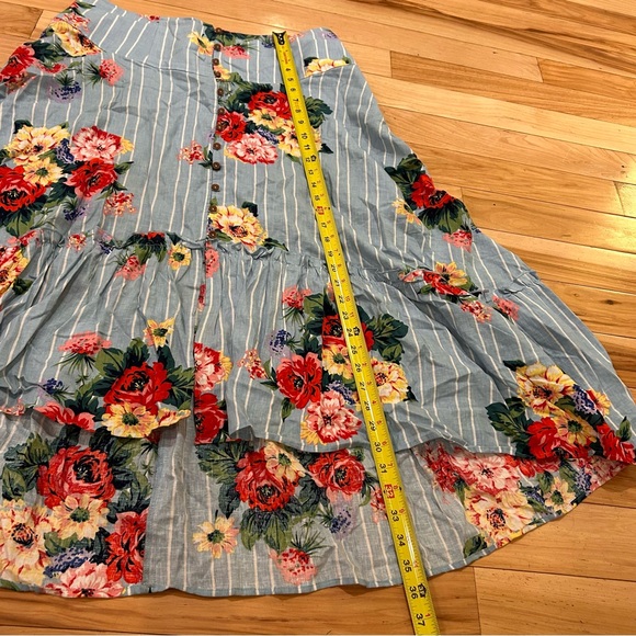 Maeve by Anthropologie Claudette Midi Linen Skirt - Baby Blue Striped Floral 14 - Picture 5 of 6